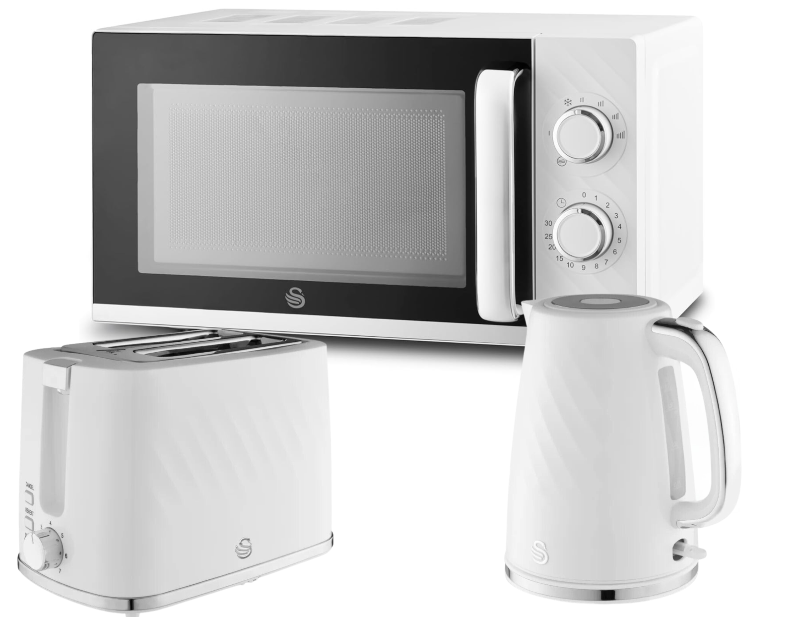 Swan Windsor White Kettle Toaster Microwave Set Textured Finish Chrome Accents0