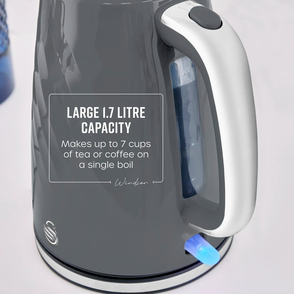 Swan Windsor Grey Kettle Toaster Microwave Set Textured Finish Chrome Accents8