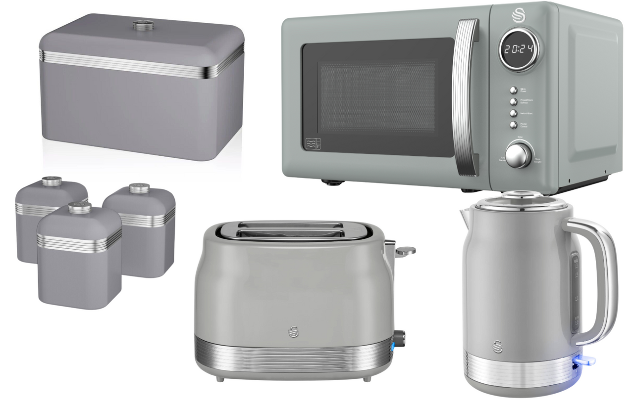 Swan Retro Revive Grey Kettle 2 Slice Toaster Microwave Breadbin Canisters Set0