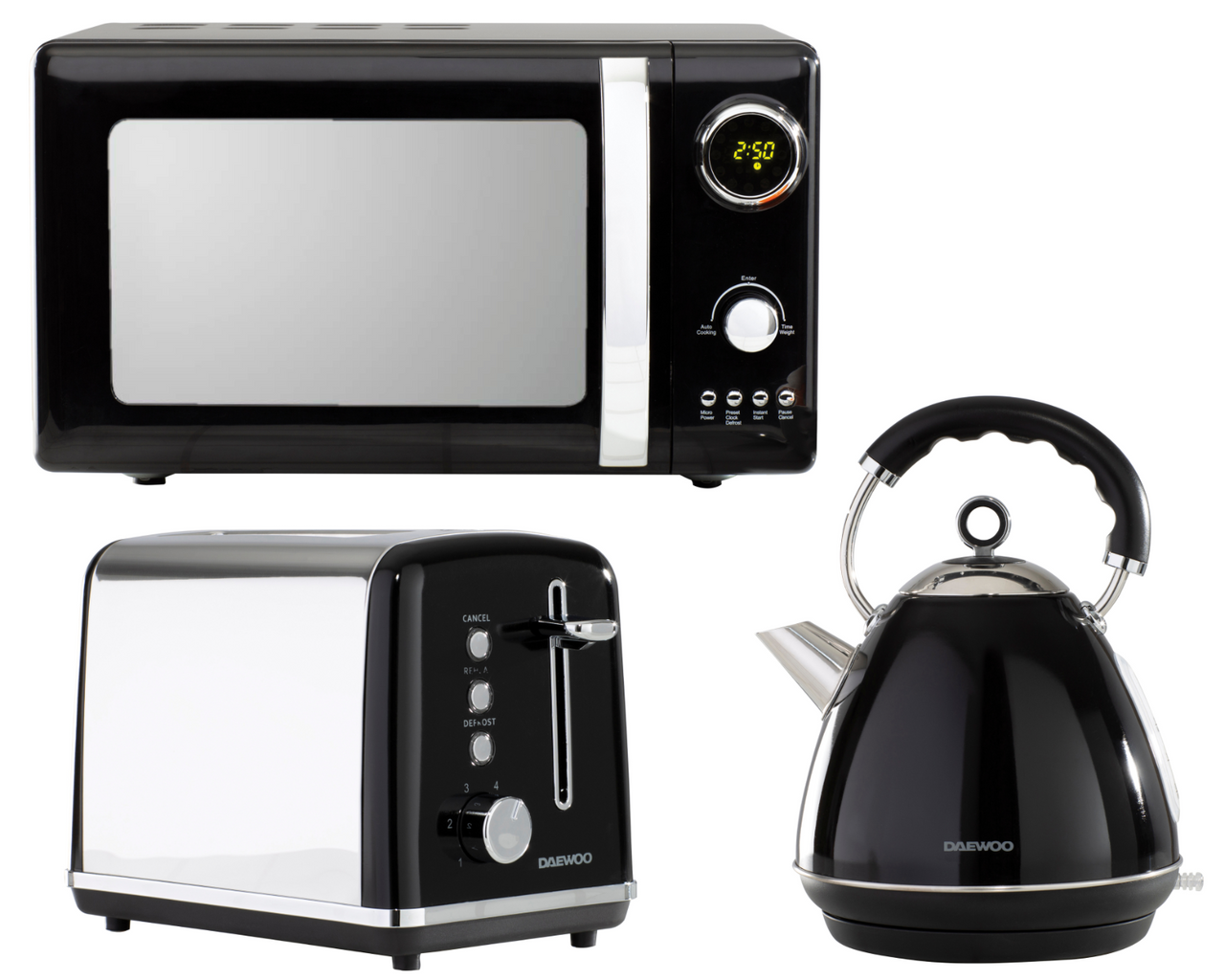 Daewoo Kensington 1.7L 3KW Pyramid Kettle, 2 Slice Toaster & Microwave Matching Set in Black