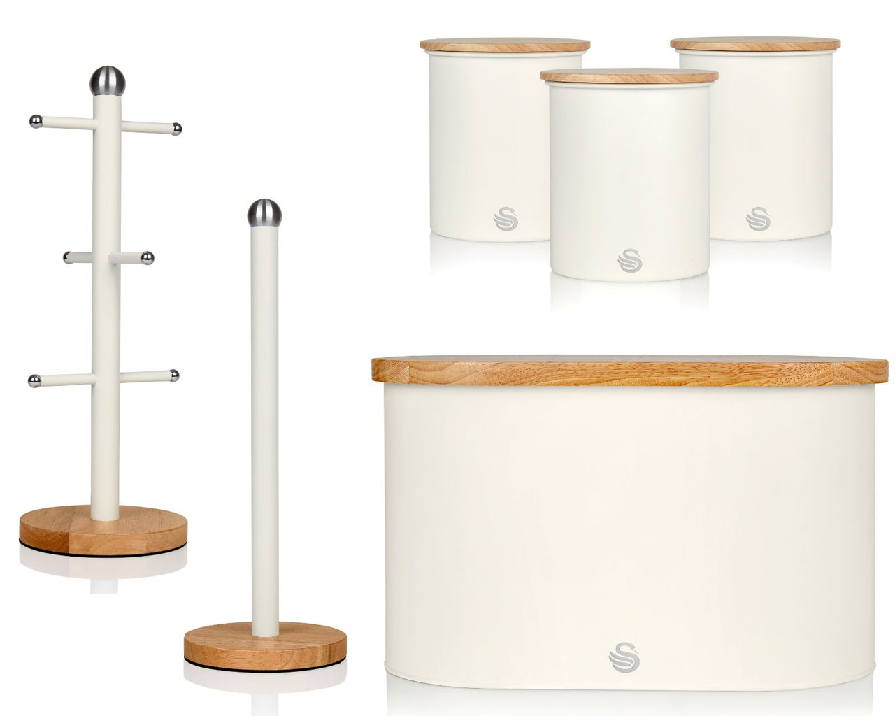 Swan Nordic White Kitchen Storage Set with Bread Bin Canisters Mug Tree & Towel Pole