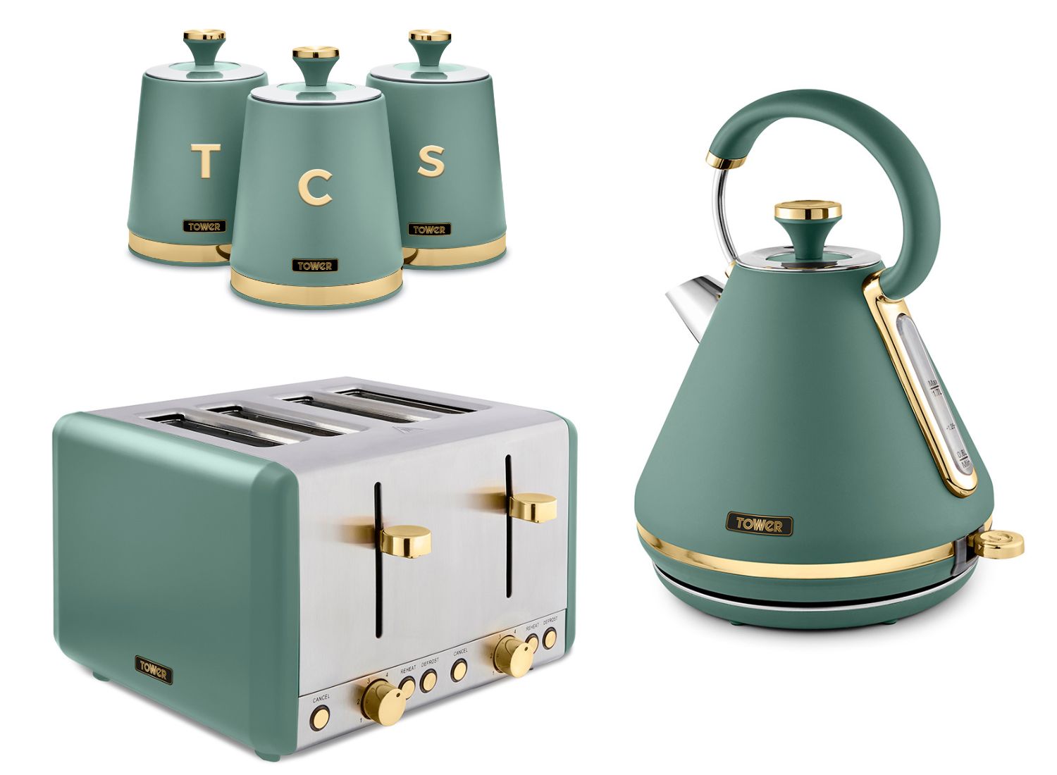 Tower Cavaletto 1.7L 3KW Pyramid Kettle, 4 Slice 1600W Toaster & Tea, Coffee & Sugar Canisters Matching Set
