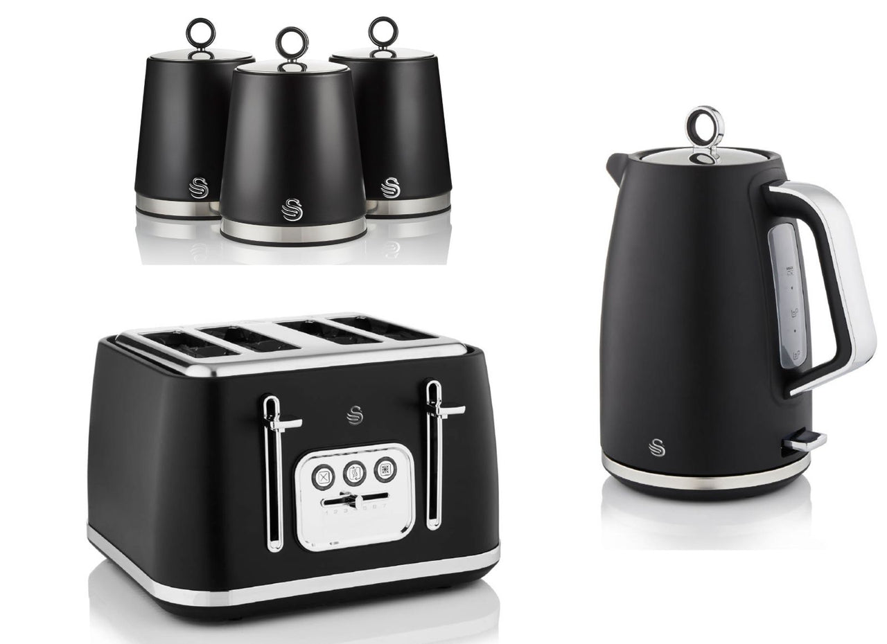 Swan Serenity Black 1.7L 3KW Kettle, 4 Slice Toaster & Tea, Coffee, Sugar Canisters. Striking Design Matching Swan Kitchen Set of 5