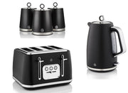 Swan Serenity Black 1.7L 3KW Kettle, 4 Slice Toaster & Tea, Coffee, Sugar Canisters. Striking Design Matching Swan Kitchen Set of 5