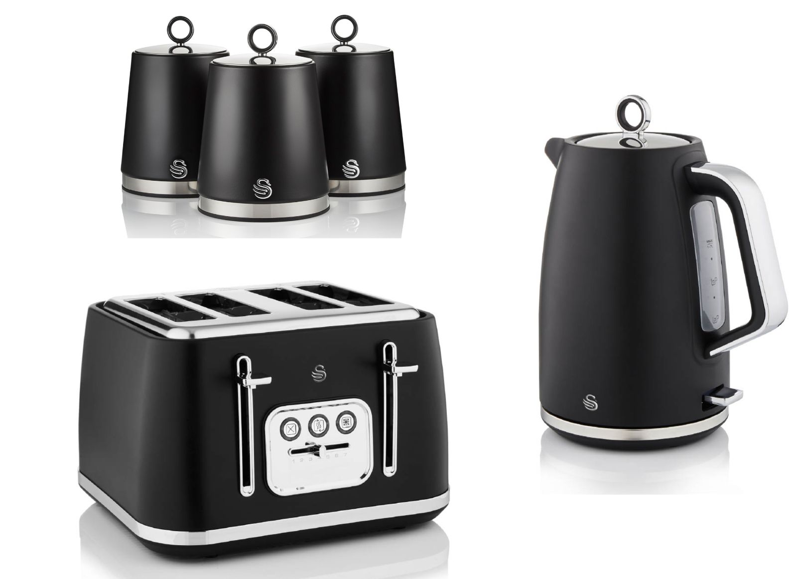 Swan Serenity Black 1.7L 3KW Kettle, 4 Slice Toaster & Tea, Coffee, Sugar Canisters. Striking Design Matching Swan Kitchen Set of 5