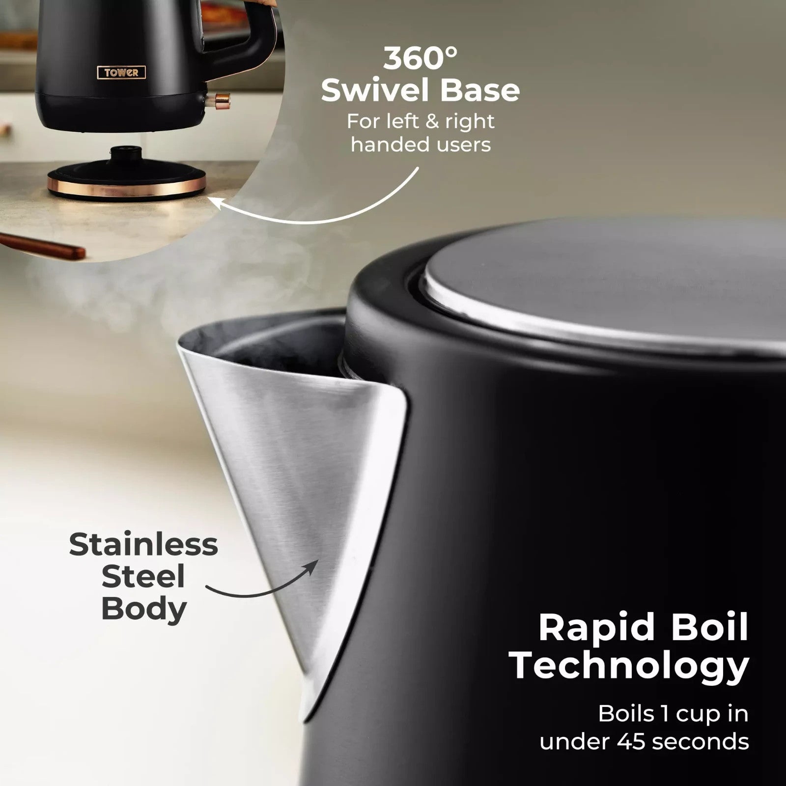 Tower Cavaletto Kettle, 2 Slice Toaster, 3 Canisters & Bread Bin Black Rose Gold7