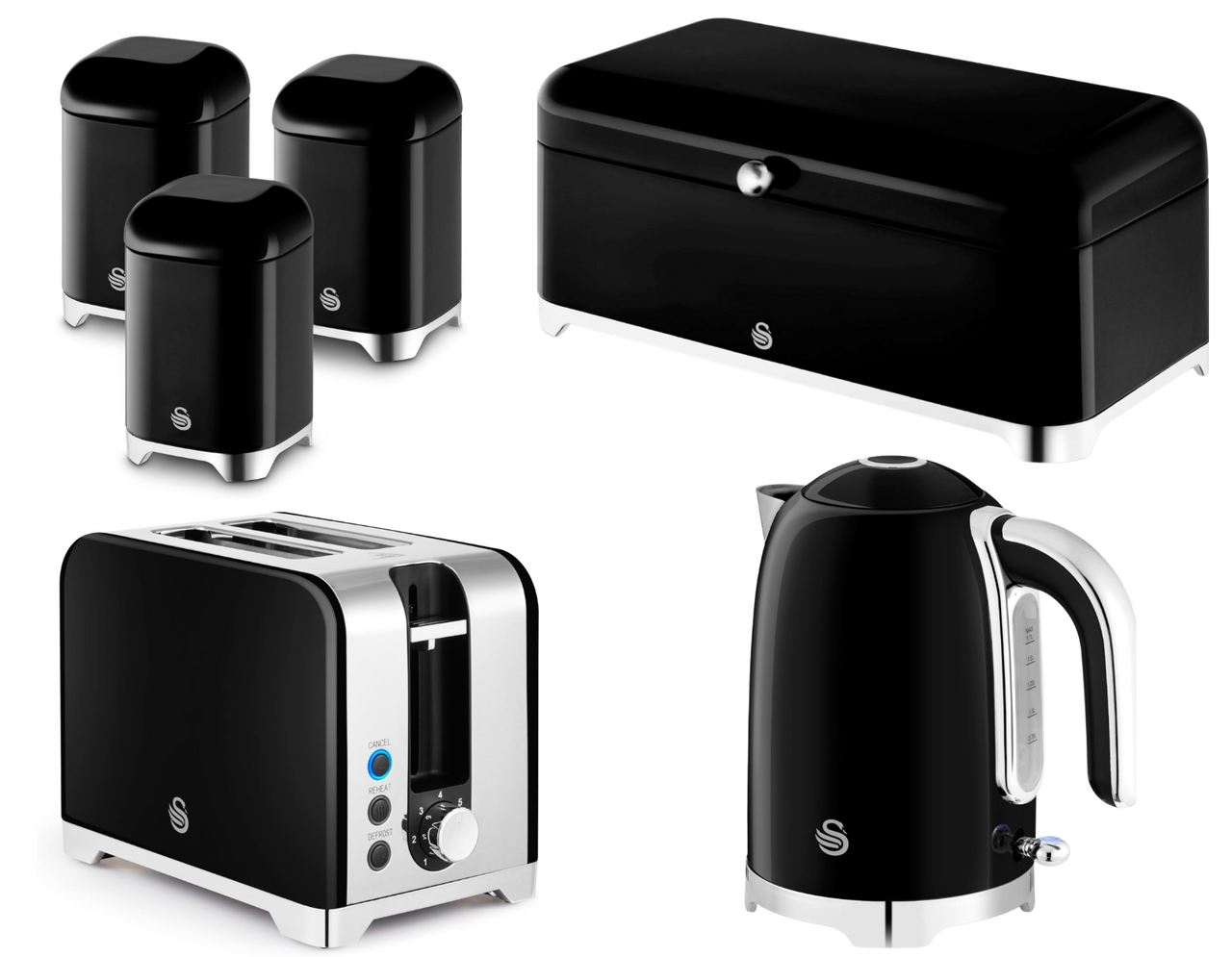 Swan Solace Black Kettle Toaster Breadbin Canisters Matching Kitchen  Set of 60