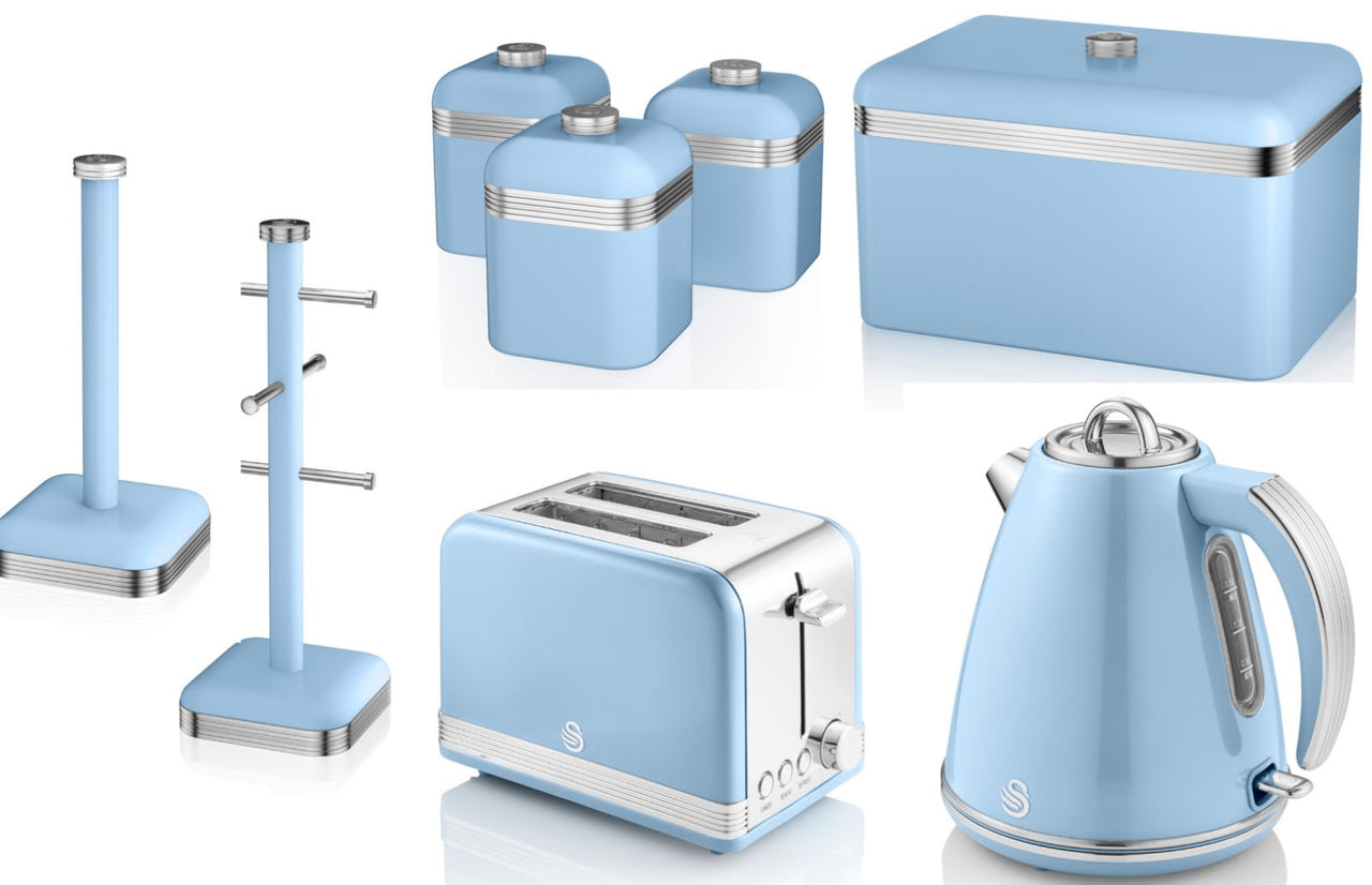 SWAN Retro Blue  1.5L Jug Kettle, 2 Slice Toaster, Bread Bin, Canisters, Mug Tree & Towel Pole Matching Set