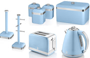 SWAN Retro Blue  1.5L Jug Kettle, 2 Slice Toaster, Bread Bin, Canisters, Mug Tree & Towel Pole Matching Set
