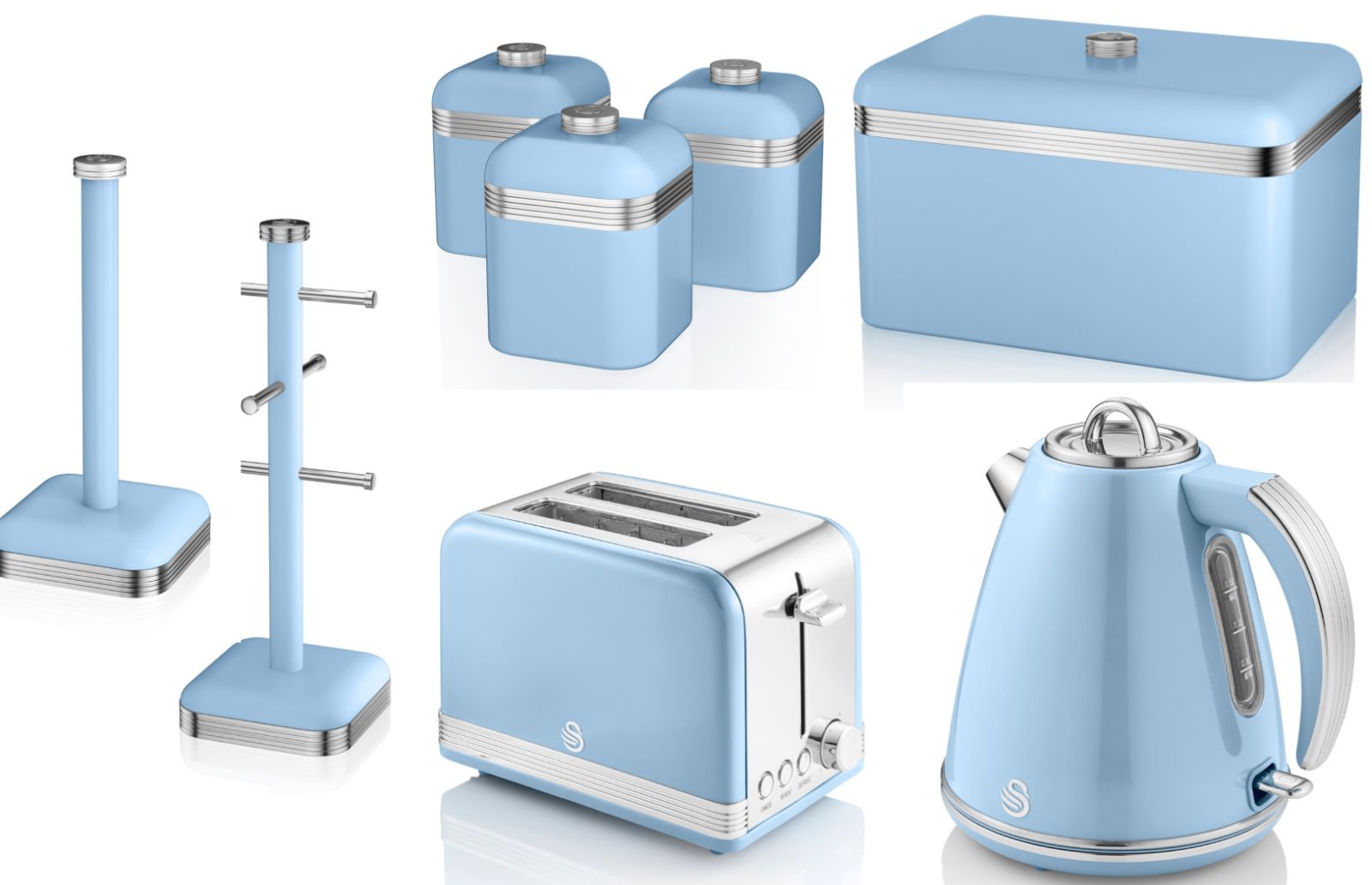 SWAN Retro Blue  1.5L Jug Kettle, 2 Slice Toaster, Bread Bin, Canisters, Mug Tree & Towel Pole Matching Set