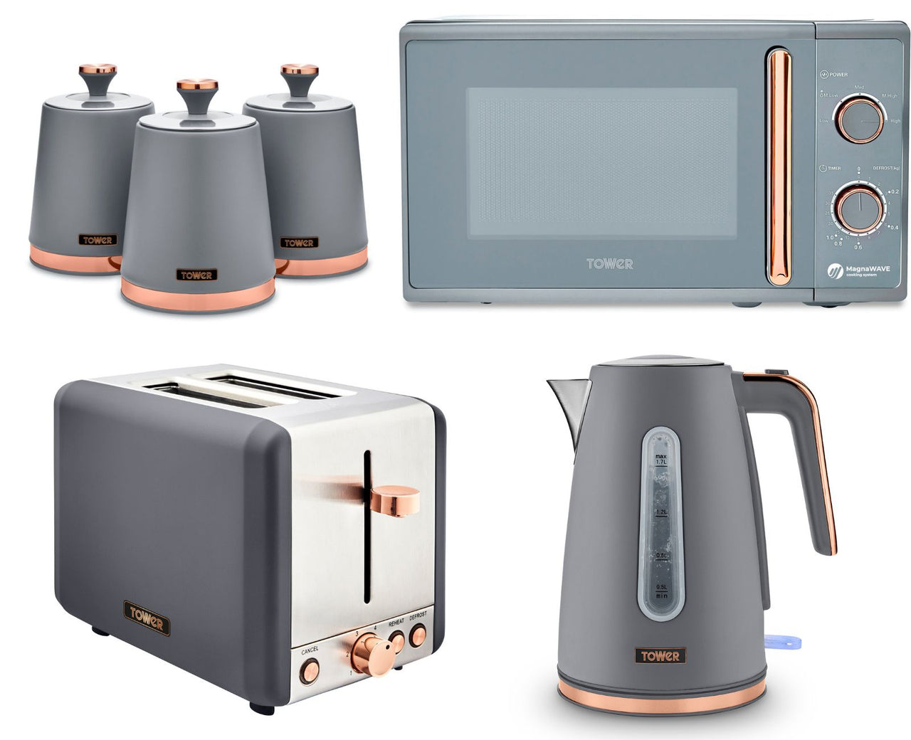 Tower Cavaletto Grey Jug Kettle 2 Slice Toaster Microwave & 3 Canisters Set
