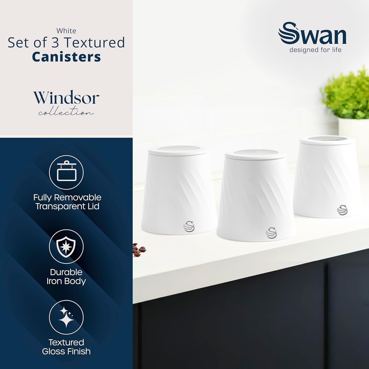 Swan Windsor White Kettle Toaster Canisters Matching Kitchen Bundle Set3