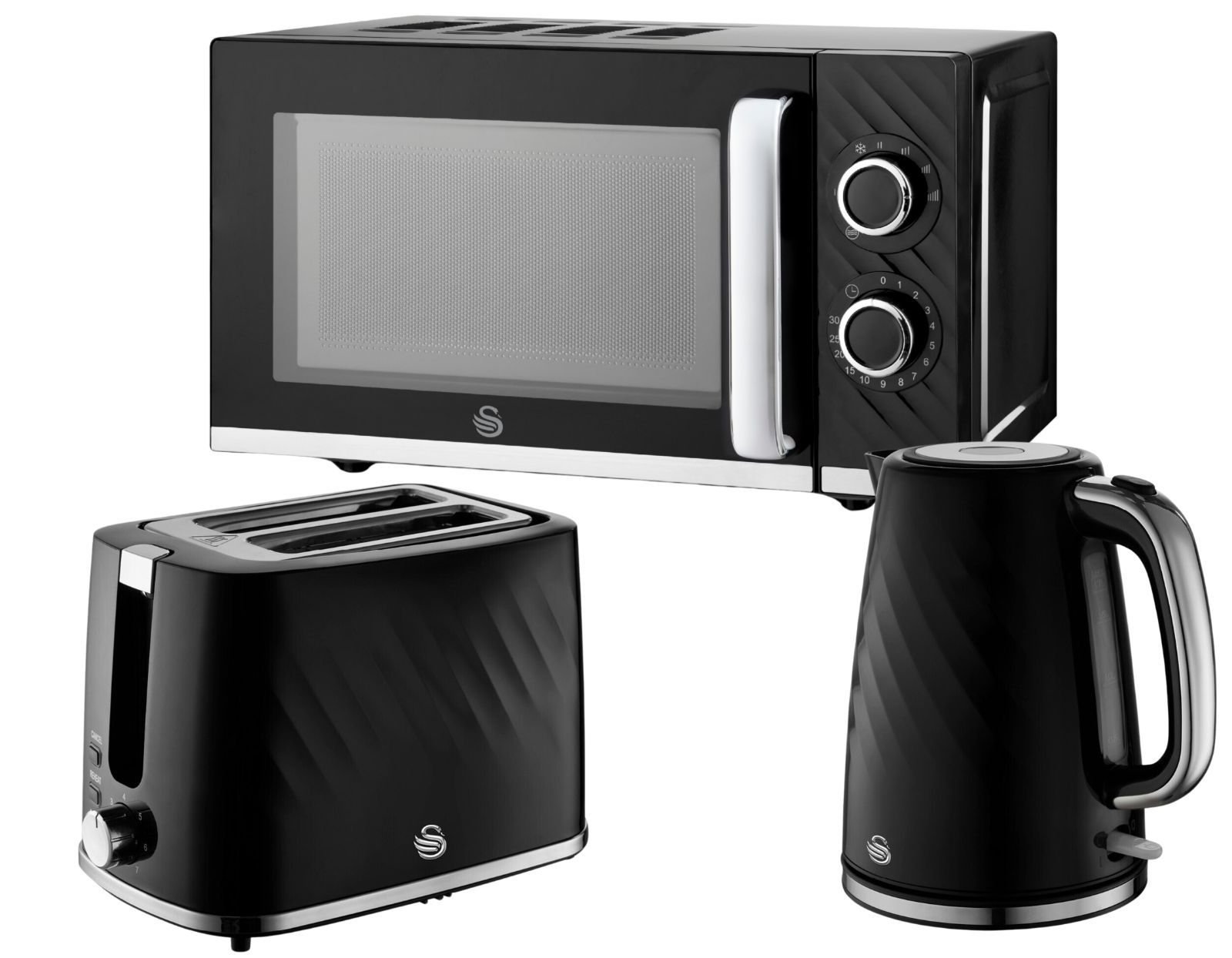 Swan Windsor Black Kettle Toaster Microwave Set Textured Finish Chrome Accents0