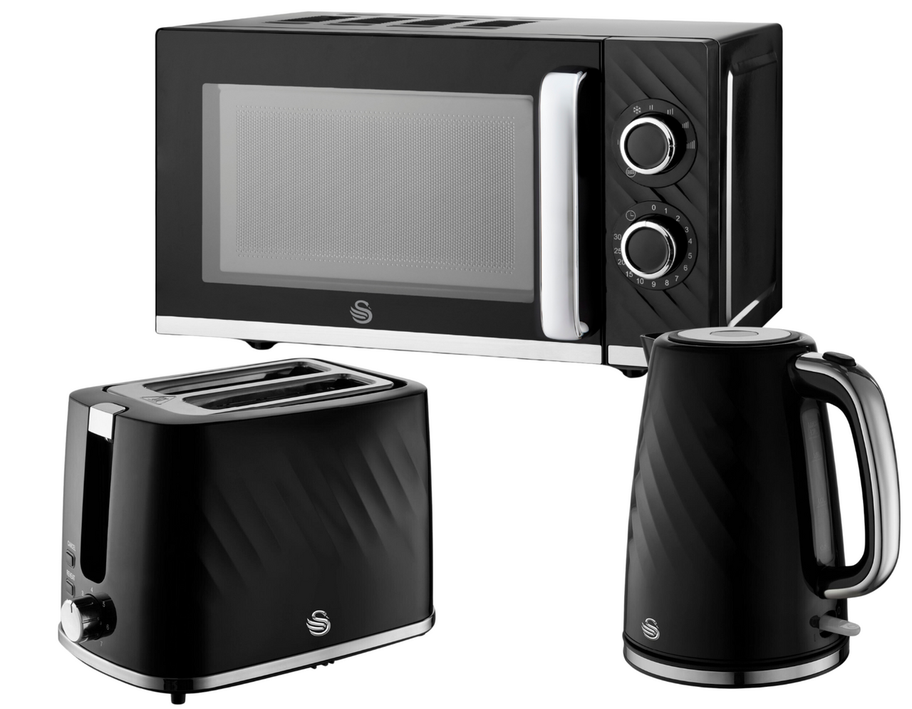 Swan Windsor Black Kettle Toaster Microwave Set Textured Finish Chrome Accents0