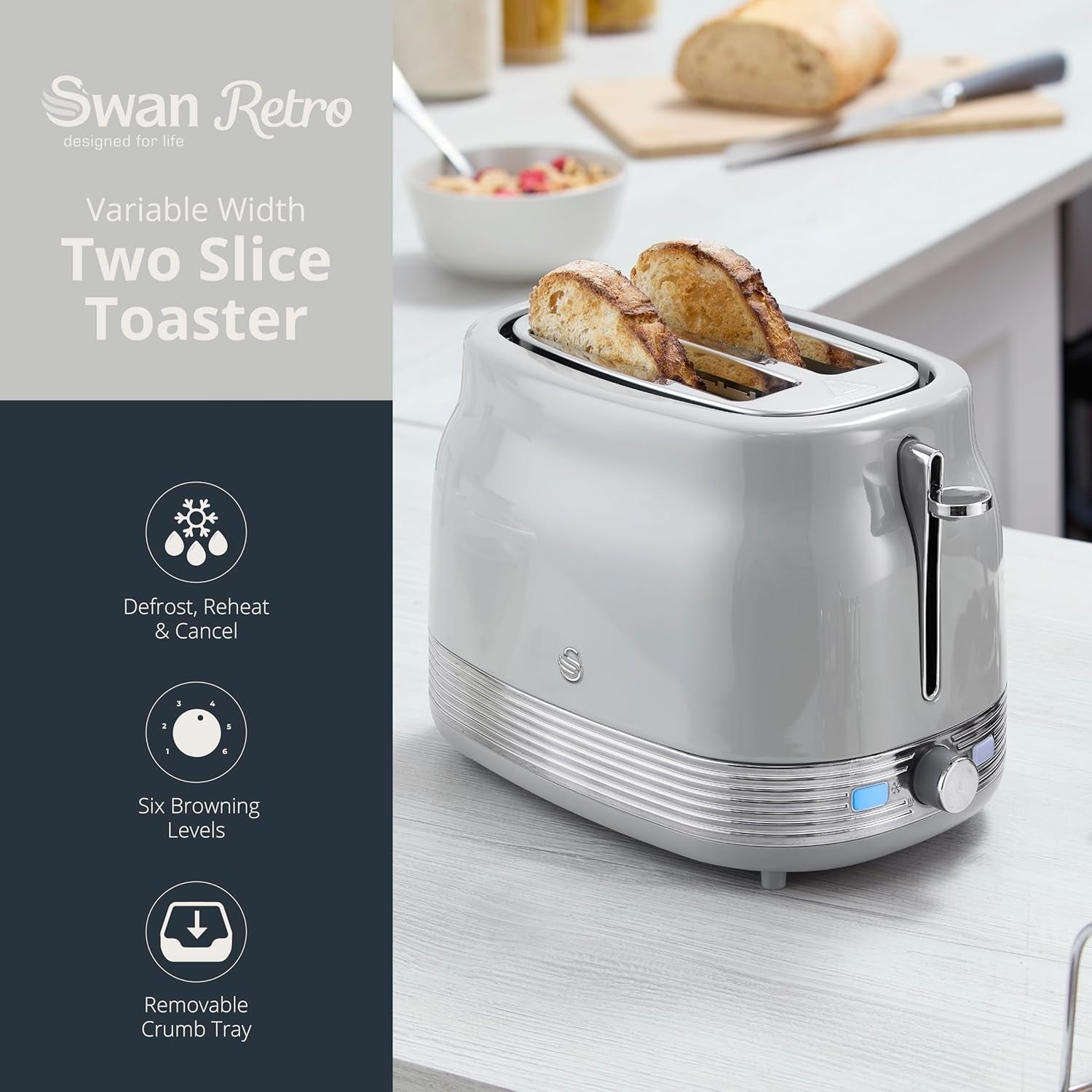 Swan Retro Revive Grey Stovetop Kettle 2 Slice Toaster & Canisters Kitchen Set2