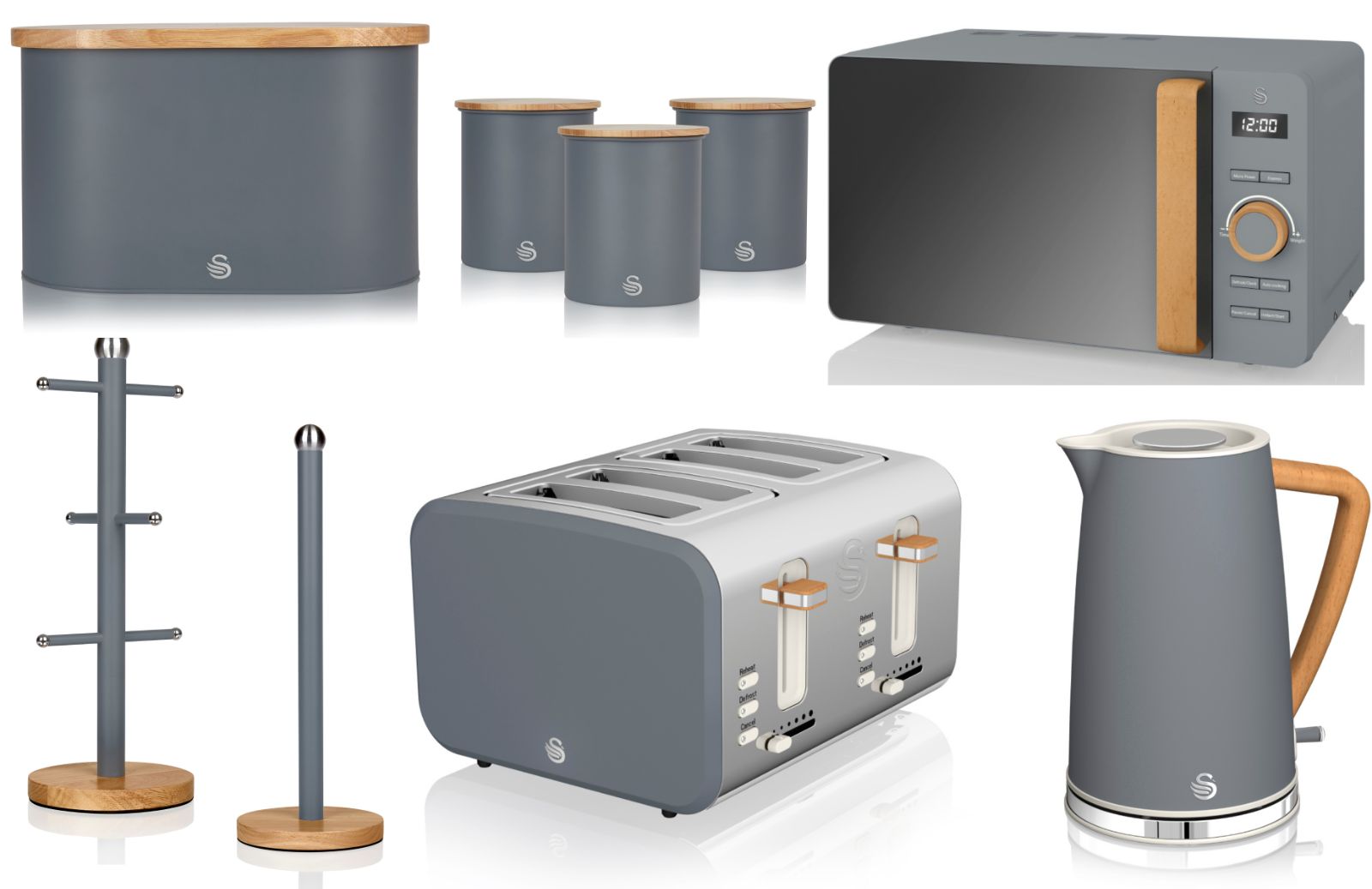 Swan Nordic Grey Jug Kettle, 4 Slice Toaster, Digital Microwave, Bread Bin, Canisters, Mug Tree & Towel Pole Matching Set