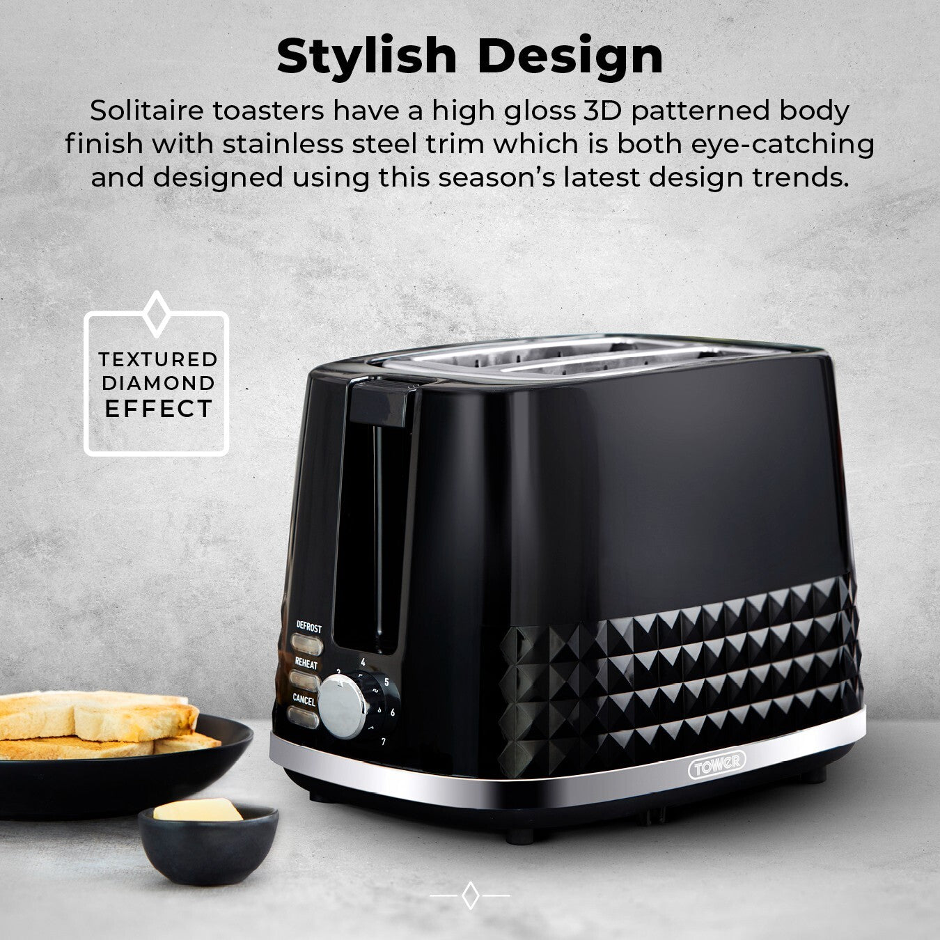 Tower Solitaire Black Kettle 2 Slice Toaster & Microwave T24044BLK Matching Set2