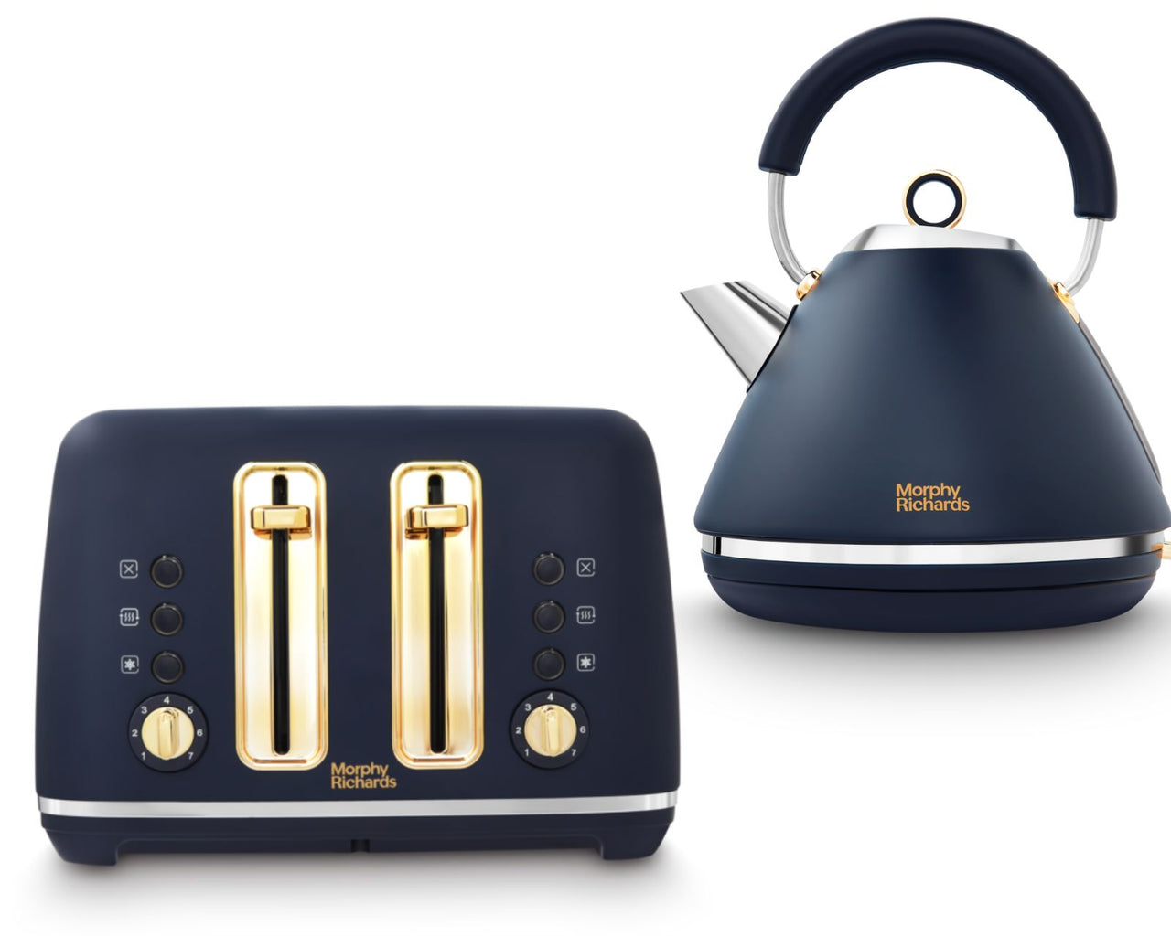 Morphy Richards Accents Navy & Gold 1.5L 3KW Pyramid Kettle & 4 Slice Toaster.  Classic Design Kettle & Toaster Matching Set with Modern Features