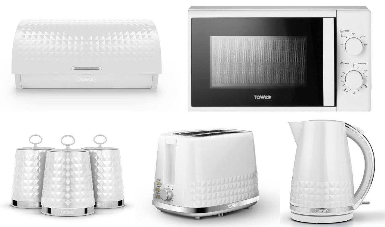Tower Solitaire 3KW 1.5L Kettle, 2 Slice Toaster, 700W 20L Manual Microwave, Bread Bin & Canisters Matching Set in White with Chrome Accents