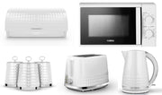 Tower Solitaire 3KW 1.5L Kettle, 2 Slice Toaster, 700W 20L Manual Microwave, Bread Bin & Canisters Matching Set in White with Chrome Accents