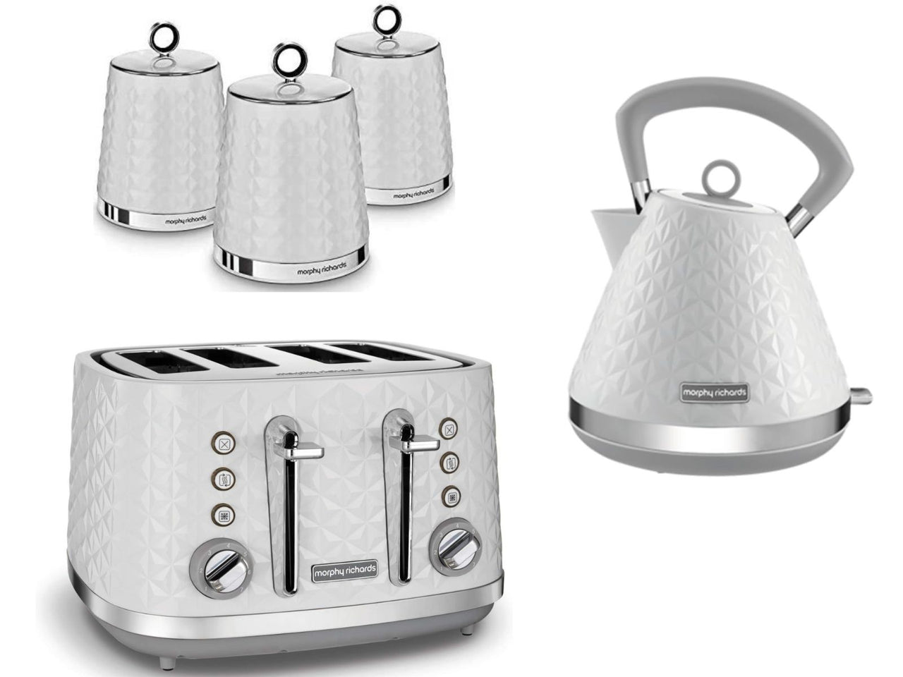 Morphy Richards Vector White 1.5L 3KW Pyramid Kettle, 4 Slice Toaster & Dimensions Canisters Kitchen Set