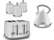 Morphy Richards Vector White 1.5L 3KW Pyramid Kettle, 4 Slice Toaster & Dimensions Canisters Kitchen Set
