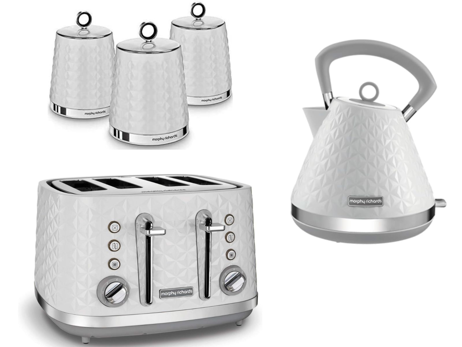 Morphy Richards Vector White 1.5L 3KW Pyramid Kettle, 4 Slice Toaster & Dimensions Canisters Kitchen Set