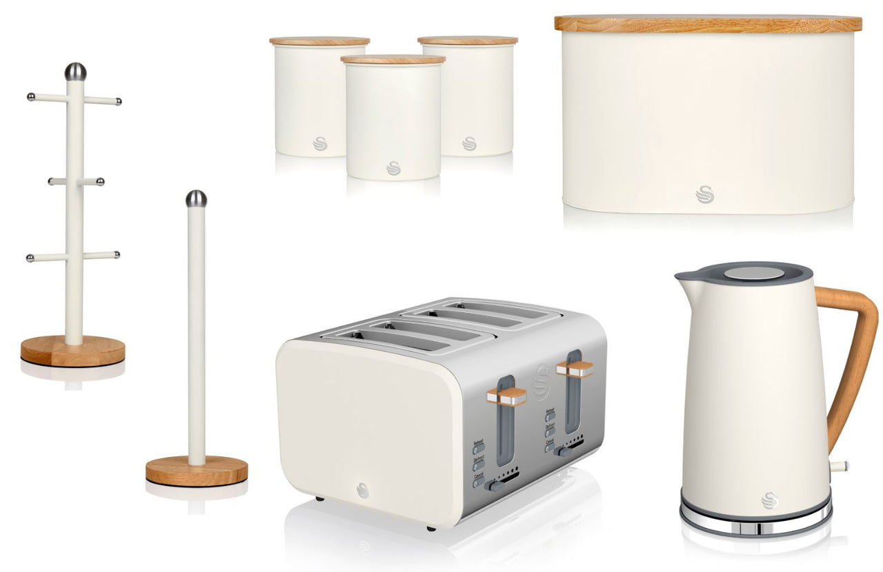 Swan Nordic White Jug Kettle, 4 Slice Toaster, Bread Bin, Canisters Mug Tree and Towel Pole Matching Set