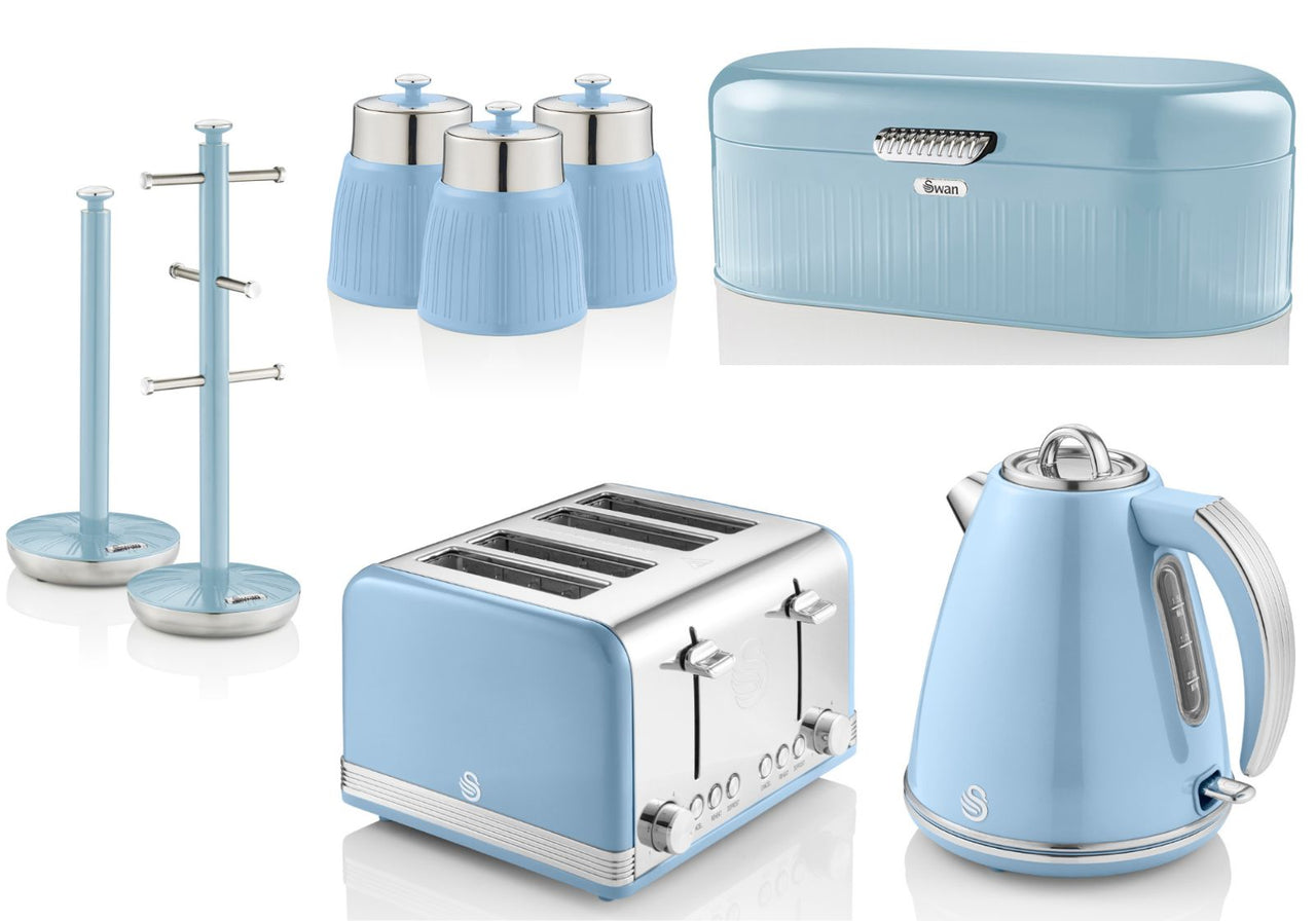 Swan Retro Blue Jug Kettle Toaster Bread Bin Canisters Mug Tree & Towel Pole Set