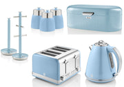 Swan Retro Blue Jug Kettle Toaster Bread Bin Canisters Mug Tree & Towel Pole Set