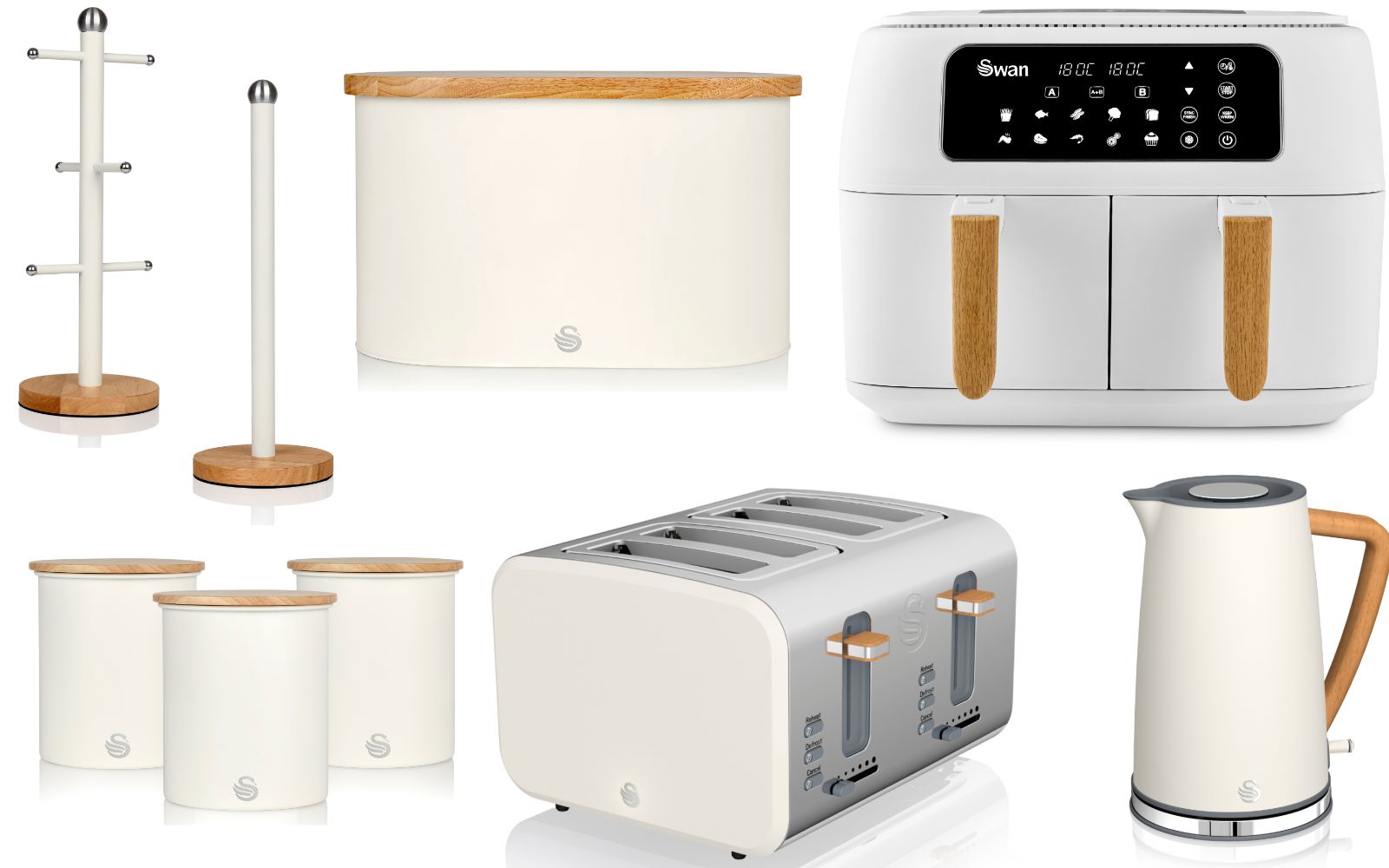 Swan Nordic White 1.7L Jug Kettle, 4 Slice Toaster,  Dual Basket  Air Fryer, Bread Bin, Canisters, Mug Tree & Towel Pole Matching Set