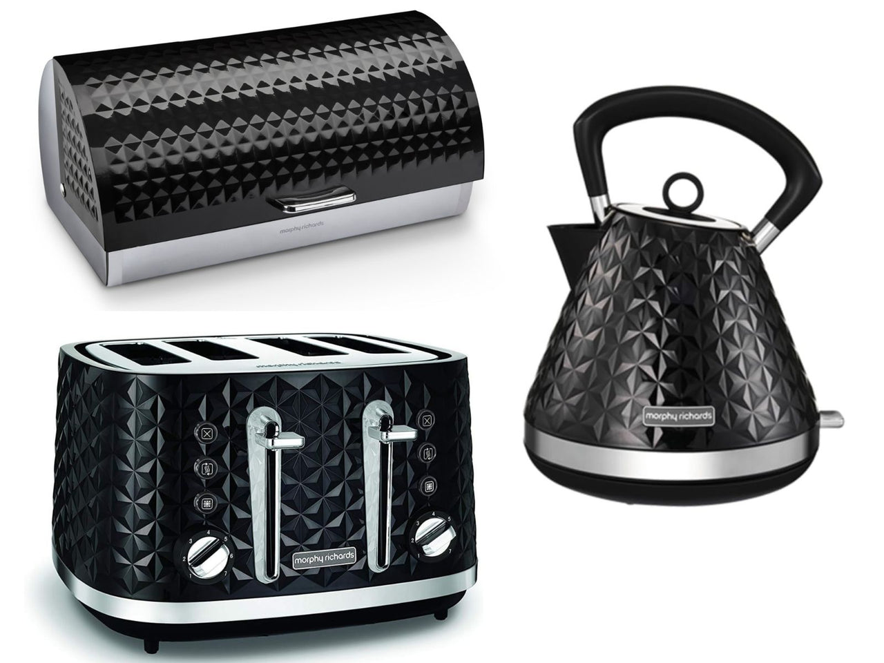 Morphy Richards Black Vector 1.5L 3KW Pyramid Kettle, 4 Slice Toaster & Dimensions Bread Bin Kitchen Set