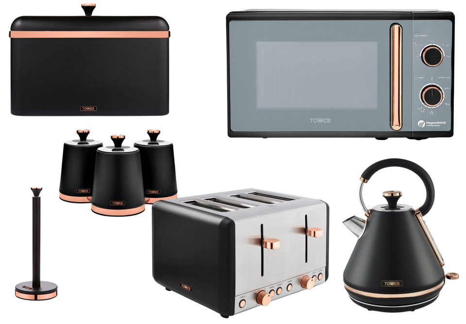 Tower Cavaletto Black Kettle Toaster Microwave & Kitchen Storage Set