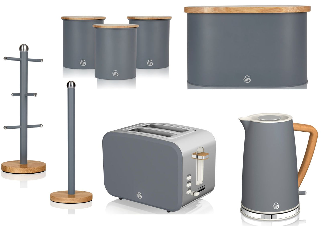 Swan Nordic Grey 1.7 Litre Kettle, 2 Slice Toaster, Bread Bin, Tea Coffee Sugar Canisters, Mug Tree & Towel Pole