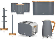 Swan Nordic Grey 1.7 Litre Kettle, 2 Slice Toaster, Bread Bin, Tea Coffee Sugar Canisters, Mug Tree & Towel Pole
