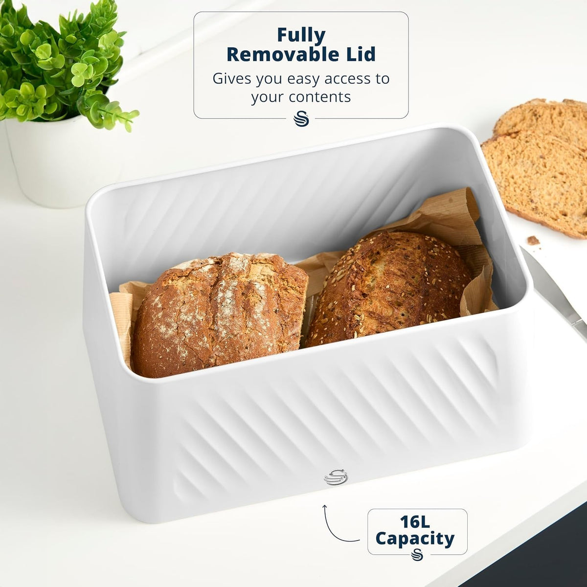 Swan Windsor White 16L Bread Bin with Removable Lid SWKA18539WHT3