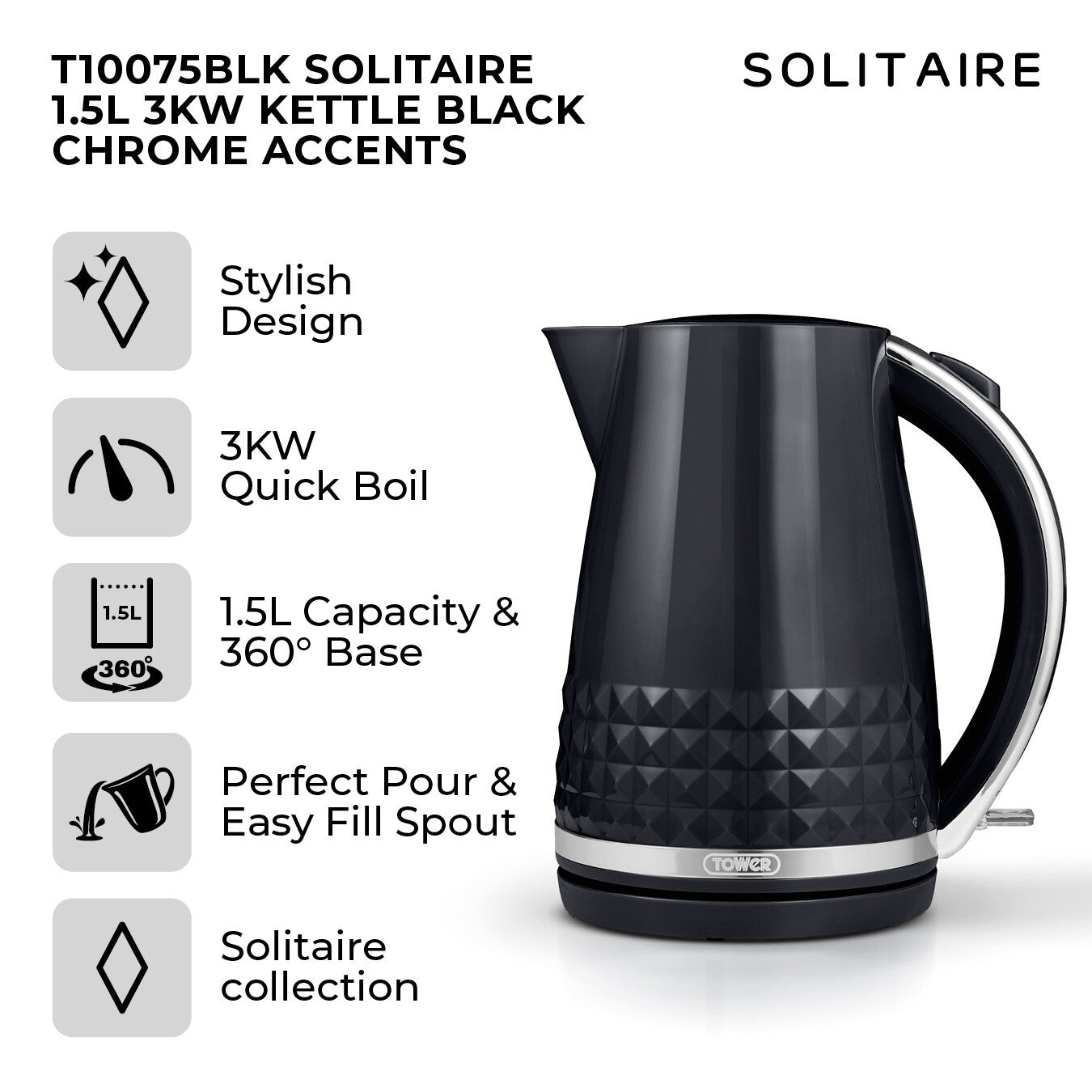 Tower Solitaire Black Kettle 2 Slice Toaster & Microwave T24044BLK Matching Set8