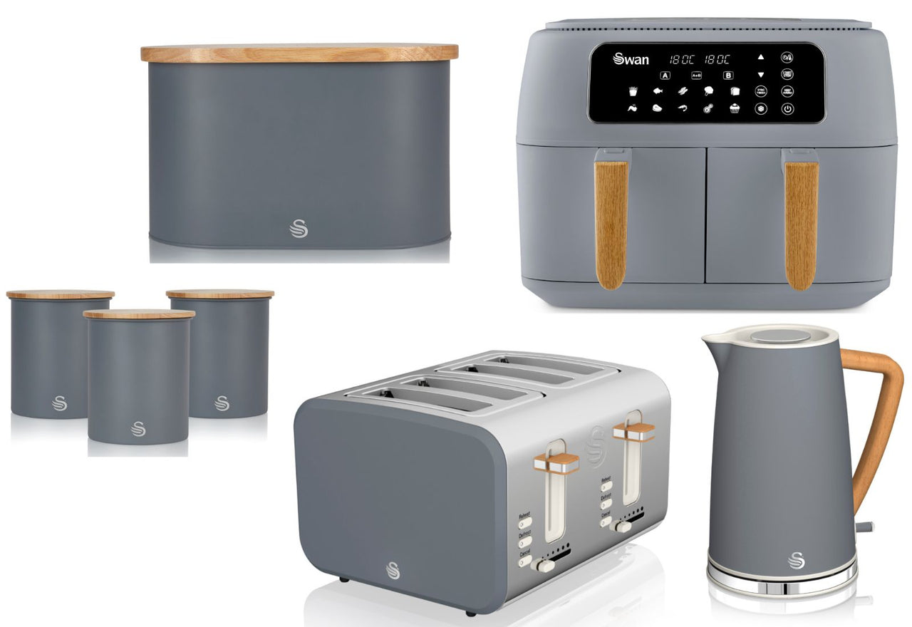 Swan Nordic Grey 1.7L Jug Kettle, 4 Slice Toaster, 8L Dual Basket Air Fryer, Bread Bin & Canisters Set