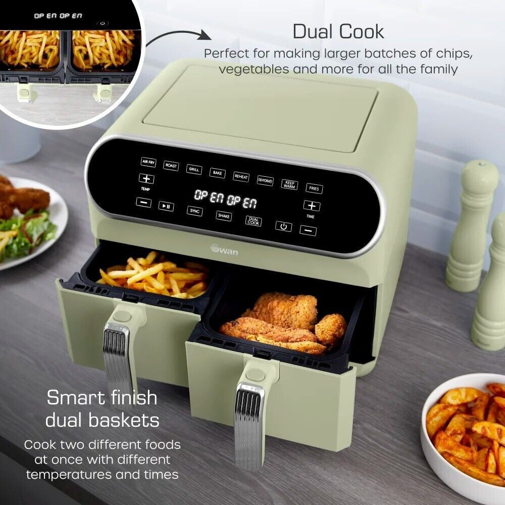 SWAN Retro Revive Green Kettle Toaster Dual Basket Air Fryer & Slow Cooker Set6