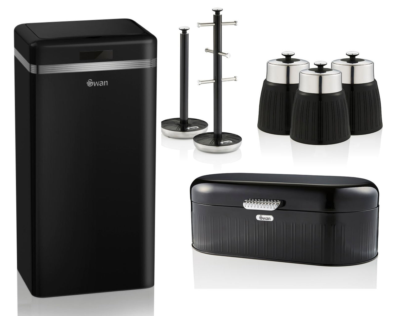 SWAN Retro Black 45L Sensor Bin Bread Bin Canisters Mug Tree Towel Pole Set of 7