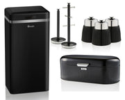 SWAN Retro Black 45L Sensor Bin Bread Bin Canisters Mug Tree Towel Pole Set of 7