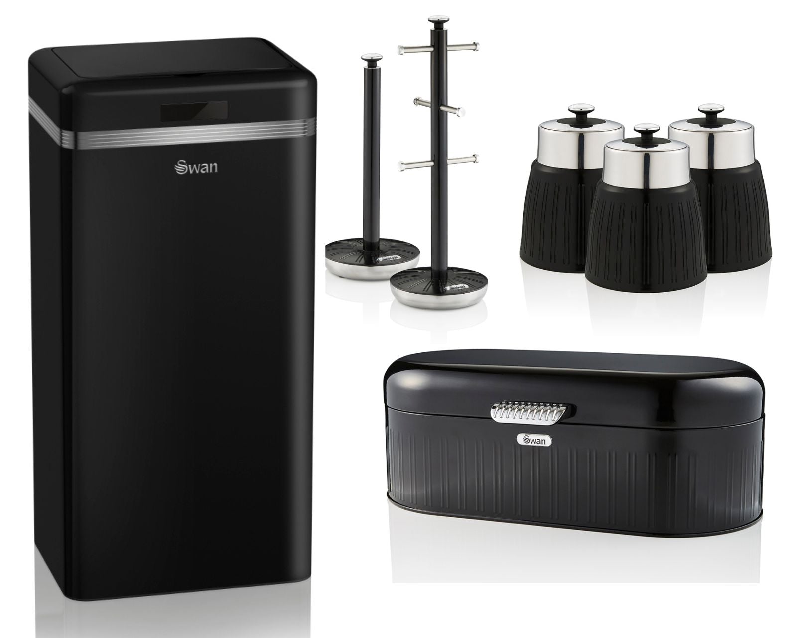 SWAN Retro Black 45L Sensor Bin Bread Bin Canisters Mug Tree Towel Pole Set of 7