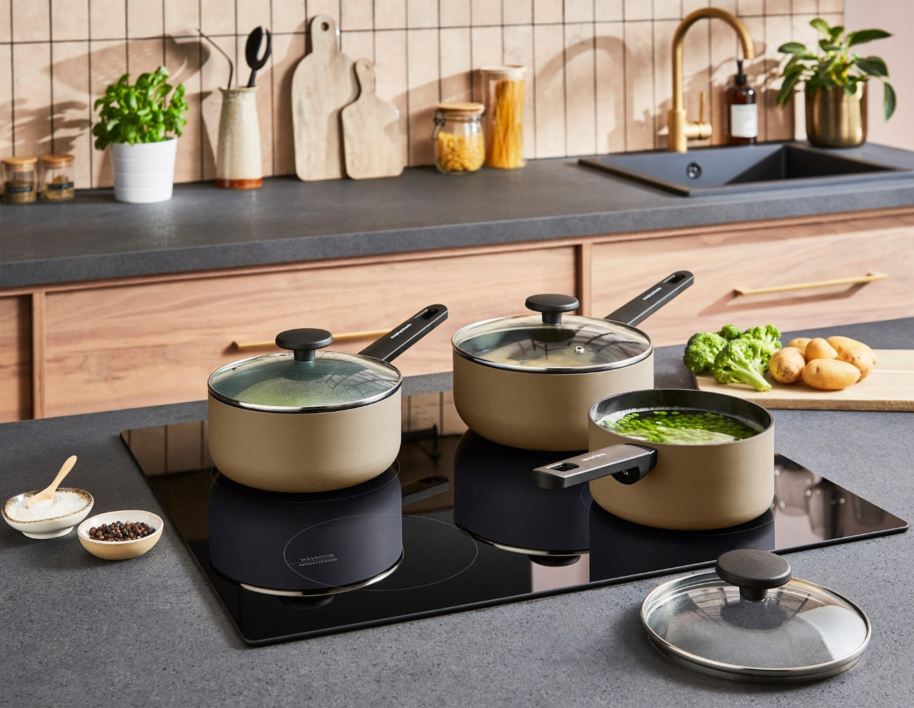 Morphy Richards 3 Piece Pan Set Cream Recycled Aluminium Saucepan Set 8590031