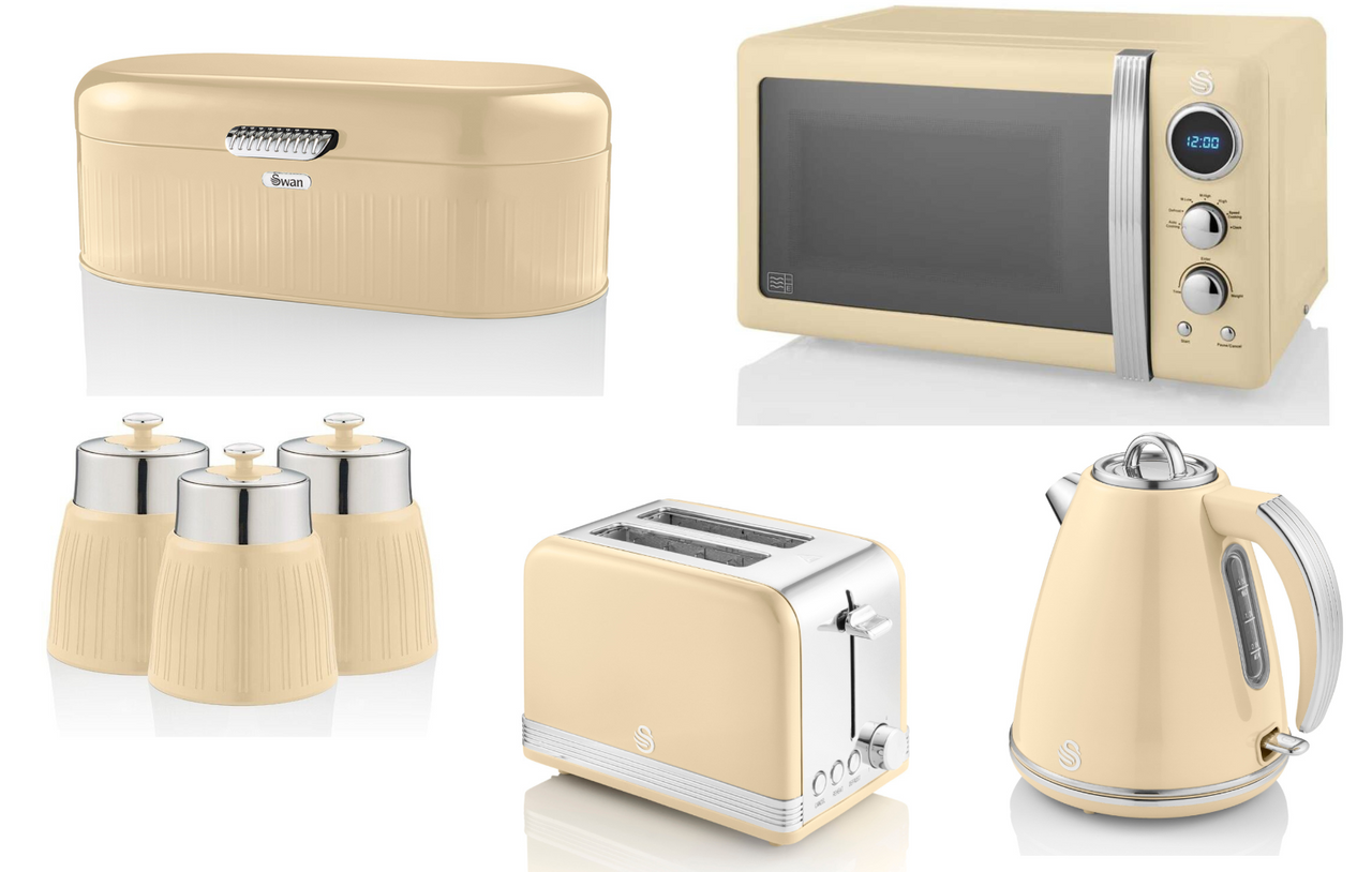 Swan Retro Cream 1.5L 3KW Jug Kettle, 2 Slice Toaster, 800W 20L Digital Microwave, Bread Bin & Tea, Coffee, Sugar Canisters. Vintage Matching Kitchen Set of 7 in Cream