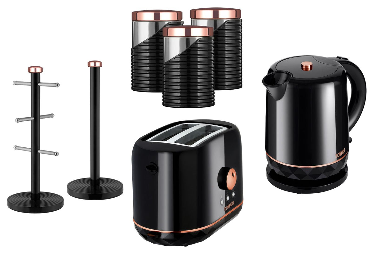 Tower Rose Gold/Black Kettle Toaster 3 Canisters Mug Tree & Towel Pole Set of 7