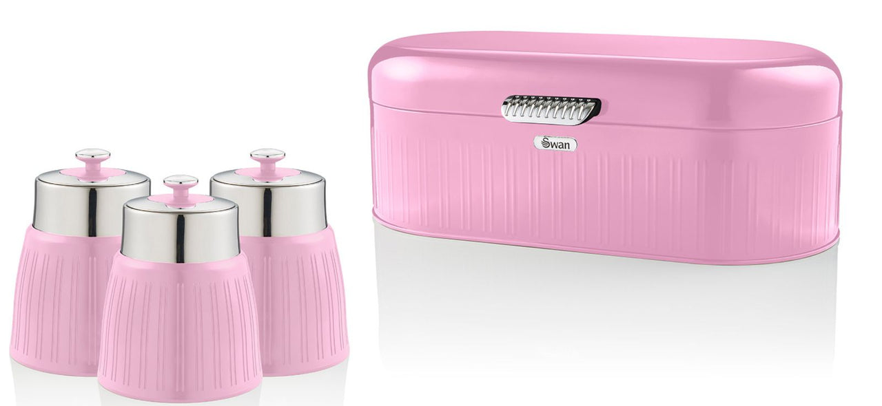 SWAN Retro Pink Bread Bin Tea, Coffee & Sugar Canisters Kitchen Storage Set