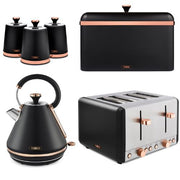 Tower Cavaletto Black Pyramid Kettle, 4 Slice Toaster, Bread Bin and Canisters Kitchen Set in Black & Rose Gold