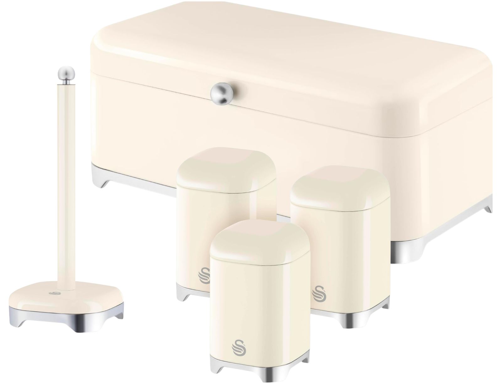 Swan Solace Cream Breadbin Canisters Kitchen Roll Holder Storage Set Chrome Trim0
