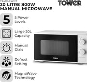 Tower Microwave White 20L 800W 5 Power Levels Defrost Function T24044WHT4