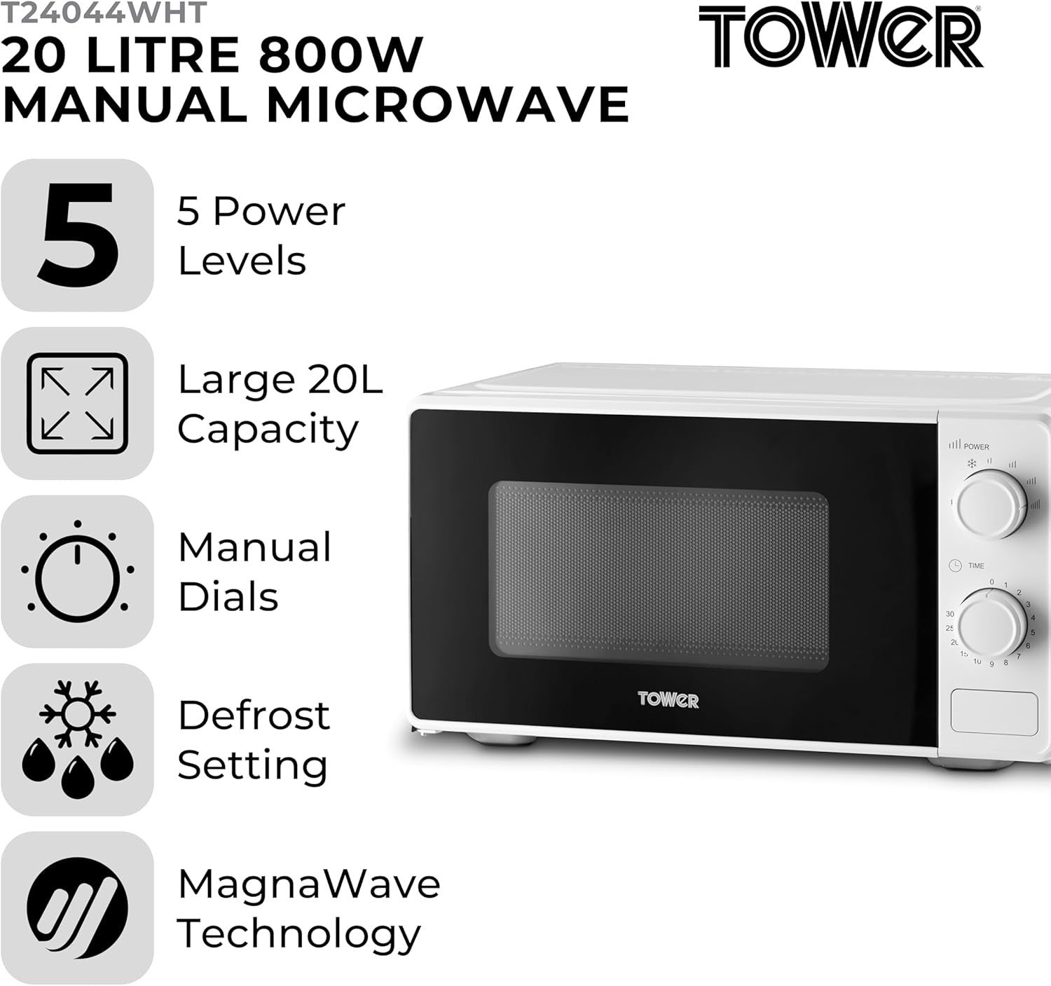 Tower Microwave White 20L 800W 5 Power Levels Defrost Function T24044WHT4